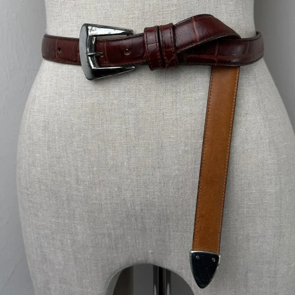 Vintage Joan & David Calfskin Brown Leather Belt Croc Embossed 90s Minimal